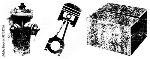 Fire hydrant, piston engine component, and textured cube box mechanical symbols, urban infrastructure, industrial design elements, halftone vector art.