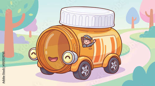 Cartoon Honey Jar Vehicle with Driver.