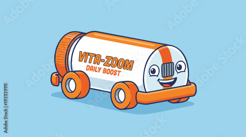 Cartoon Vehicle with Wheels and Smiling Face.