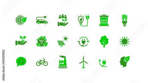 Eco transport and clean energy icons including bicycle, wind turbine, and recycling symbols. Flat vector EPS.