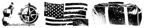 Weathered black and white map, compass rose, USA flag, travel suitcase. Distressed halftone style. Travel, navigation,, wanderlust themes.
