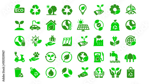 Green eco and recycling icons with environmental protection and sustainability symbols. Flat vector EPS.