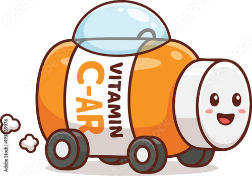 Cartoon Vitamin C Supplement Vehicle Character.