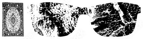 Intricate Persian rug with symmetrical motifs, paired with distressed sunglasses with speckled texture, vector flat design.