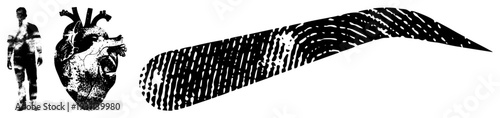 Human silhouette, anatomical heart, fingerprint medical, forensic, biological vector graphics, black and white, halftone texture, isolated elements.