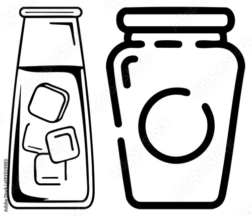 Hand drawn of beverage containers, ice filled glass bottle, mason jar with loop, minimalist art, drinkware, sketch style.