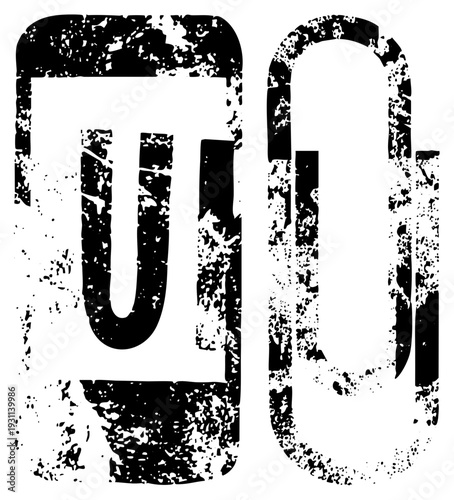 Bold uppercase letters U and O with gritty texture, stencil style typography, graphic design element, vector cutout, distressed letterforms, logo.
