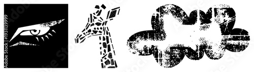 Graphic design featuring eye, giraffe, and cloud motifs in halftone style, vector illustration, isolated shapes, glyph art, stencil effect, design, abstract shapes.