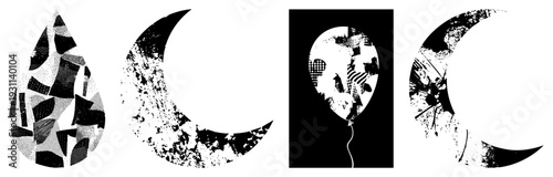Fragmented halftone shapes forming teardrop and moon motifs, graphic design, vector art with textured, isolated symbols for or branding.