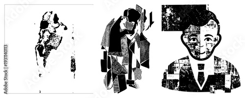 Stylized human figures composed of fragmented shapes, halftone, and bold contrasts, isolated vector art, graphic design elements.
