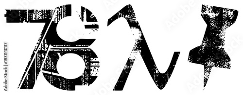 Graphic design with gritty, worn typography, stylized numbers and letters, vector art with texture, ideal for posters or branding with edgy aesthetic.
