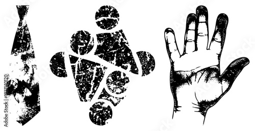 Distressed black tie, fragmented human, open palm hand vector graphics with gritty texture, retro stencil style, isolated symbols for design.