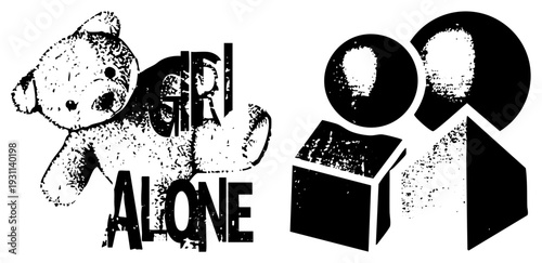 Stylized teddy bear with "GIRL ALONE" text, paired with abstract human silhouettes, halftone texture, black and white vector design, emotional isolation theme.