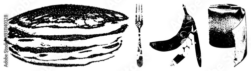 Breakfast stack with fork, peeled banana, and toilet paper roll, rendered in halftone dot, minimalist vector design, isolated food items.