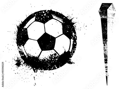 Black and white distressed soccer ball with hexagon panels, accompanied by a stylized goal post, gritty texture, sport graphics, isolated vector art.