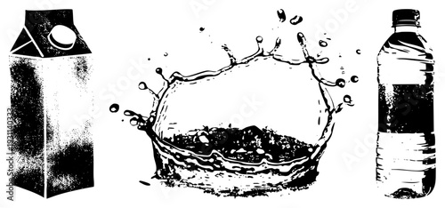 Black and white halftone illustration of water splash, milk carton, plastic water bottle, stylized liquid motion, graphic design element.