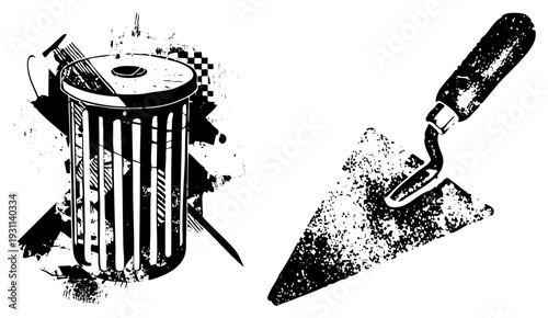 Black and white vector illustration of trash can and trowel, stencil style design, urban grit aesthetic, construction tools, items, graphic art.