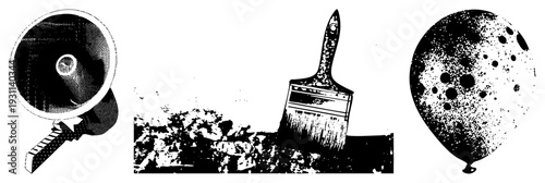 Vintage style megaphone, paintbrush with textured bristles, speckled balloon, all rendered in halftone dot. Graphic elements for creative design or use.