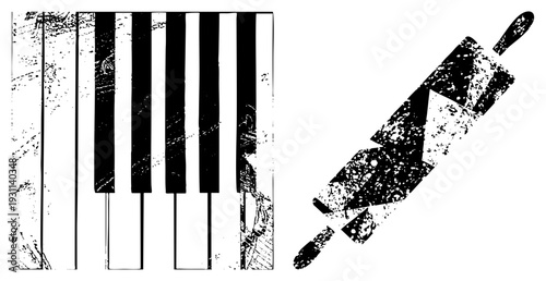 Black and white vector illustration of piano keys and rolling pin, distressed texture, culinary and musical, graphic, artistic stencil style.