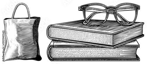 Stack of illustrated books with reading glasses, tote bag, study accessories, academic gear, educational tools.