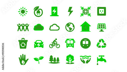 Environmental protection icons with renewable energy, recycling, and sustainability symbols. Flat vector EPS.