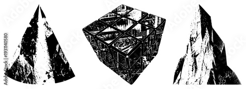 Vector illustration featuring, cube, and mountain forms with halftone textures, graphic art, design, stylized shapes.
