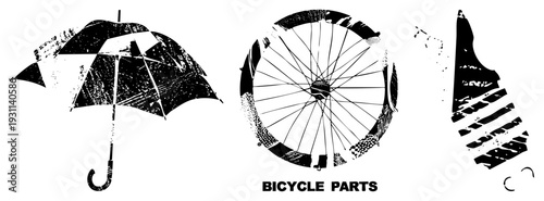 Graphic set featuring stylized bicycle wheel, open umbrella, and shoe tread print, rendered in distressed halftone texture, ideal for urban or retro design projects.