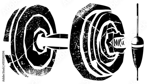 Classic fishing equipment including spinning reels and bobber float, stylized with cracked texture and gritty halftone effect, ideal for angler gear or outdoor branding.