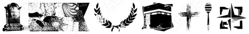 Black and white vector tombstone, sunburst, laurel wreath, Kaaba,, spoon, and abstract emblem symbolic,, stylized motifs.