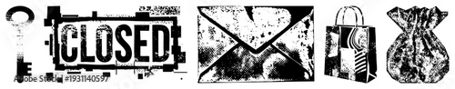 Retro distressed including key, closed sign, envelope, paper bag, and drawstring pouch. halftone style with gritty texture. Ideal for urban, vintage, or minimalist design projects.