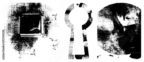 Vector halftone featuring window, keyhole, and headshot silhouettes with gritty texture, graphic design elements, style, isolated shapes.