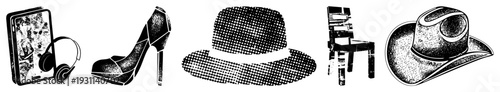 Black and white halftone vector smartphone with headphones, high heeled shoe, fedora, chair, cowboy hat. Retro graphic style, isolated elements for design use.