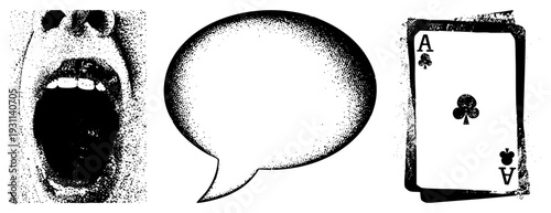 Open mouth shouting in halftone, empty speech bubble, Ace of Clubs card, graphic design elements, communication, vintage print style, isolated vector assets.