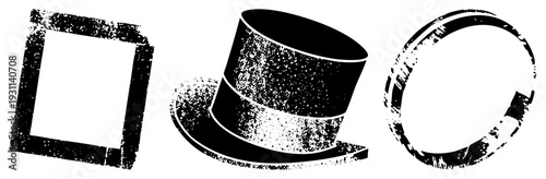 Distressed black stencil shapes including rectangle, top hat, and circle with speckled texture, ideal for graphic design, posters, or retro branding.