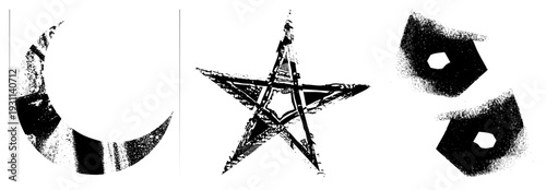 Black/white halftone vector moon, pentagram, hexagons with cutouts. Abstract geometric symbols, textured stippling. For occult, mystical, or graphic design.