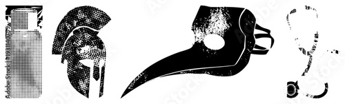 Retro halftone graphic featuring spray can, Spartan helmet, crow beak, stethoscope. vector symbols with gritty texture. Perfect for urban, medical, or historical themes.