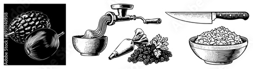 Hand drawn culinary elements soursop fruit, pasta extruder, knife, herbs, pasta bowl all rendered in detailed halftone vector style for food illustration or recipe design.