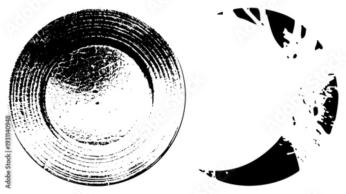 Graphic art featuring concentric brushstrokes and broken circular arc, halftone texture, minimalist vector design, illustration.