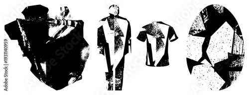 Stylized human figure, t shirt, and fragmented shapes rendered in high contrast halftone, abstract vector design, graphic illustration, modern art.