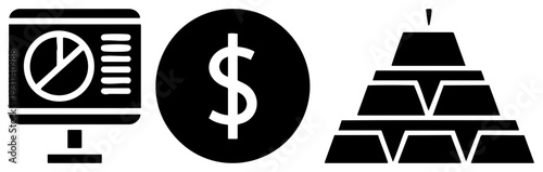 Business analytics screen with pie chart, money symbol, and stacked gold bars, representing financial data, wealth, and investment metrics.