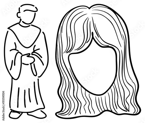 Minimalist drawing of a robed male figure in prayer beside a female head with flowing hair, both rendered in clean black, ideal for books or spiritual illustrations.