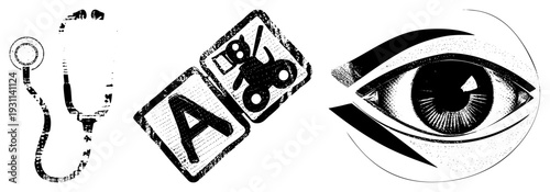 Medical stethoscope for diagnosis, alphabet blocks with toy car, human eye anatomy, black and white vector, educational and healthcare symbols.