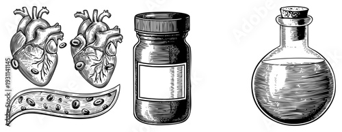 Medical illustration of human heart, vascular system, container, laboratory flask, classic etched art, scientific diagram.
