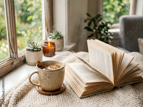 Cozy Hygge Lifestyle Scene with Steaming Tea, Open Book, and Candle on a Windowsill