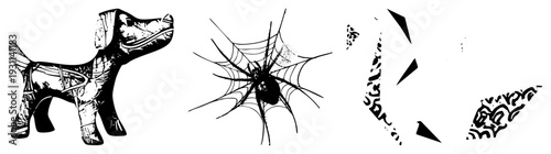 Wooden dog sculpture with carved, spider on web with radial threads, fragmented geometric shapes with tribal, vector art collection.