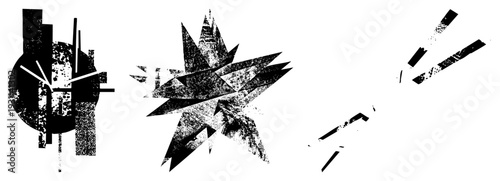 Vector art featuring fragmented geometric forms, stylized, and distressed halftone textures, minimalist design, modern graphic elements.