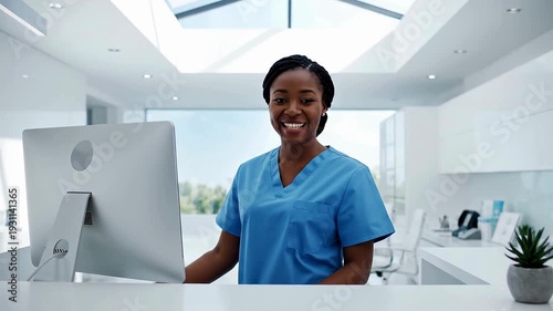 A cheerful female nurse standing at a reception counter in a modern white clinic