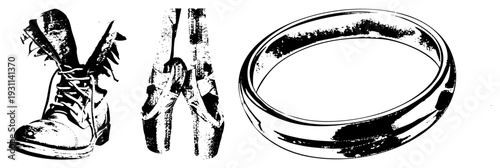 Stylized footwear and ring rendered in halftone, vector graphic, isolated objects, fashion accessories, art, design elements, graphic illustration.