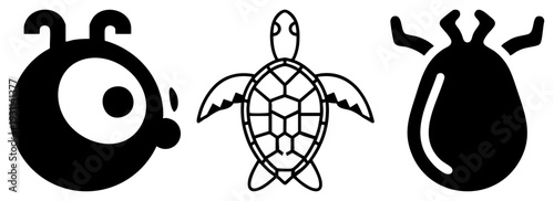 Vector of stylized turtle, cartoon eye, and sack bag, flat design, isolated symbols, graphic elements, UI assets, digital art.