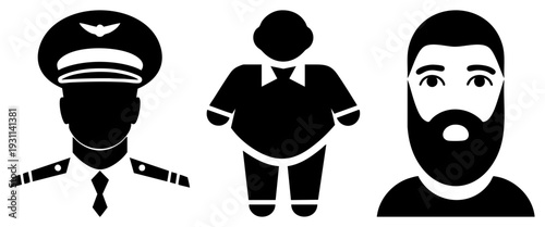 Vector of in uniform, overweight individual, bearded man, minimalist style, flat design, silhouette representation, user interface elements.